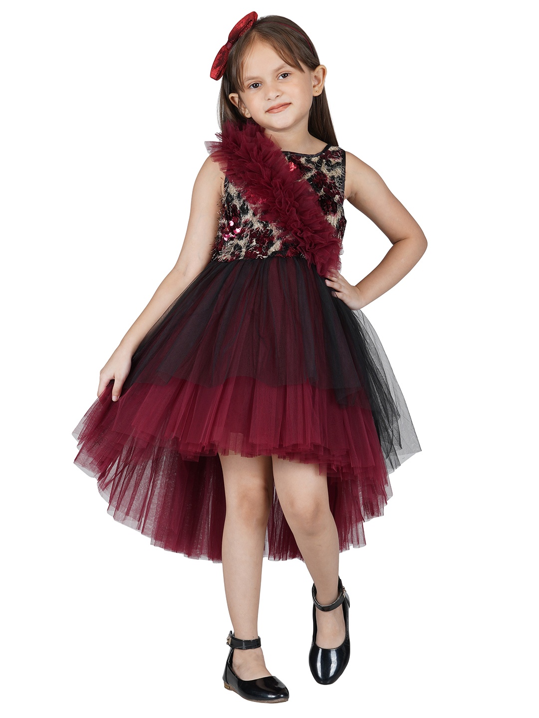 

Toy Balloon kids Girls Maroon & Black Layered Net Dress