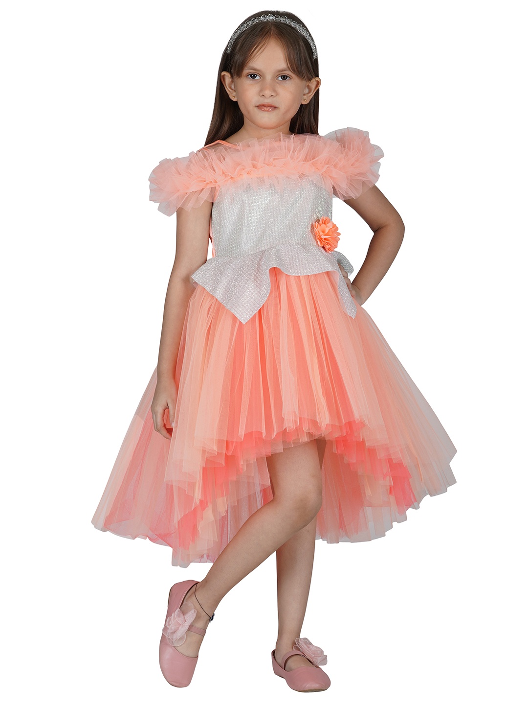

Toy Balloon kids Girls Peach Layered Net Dress
