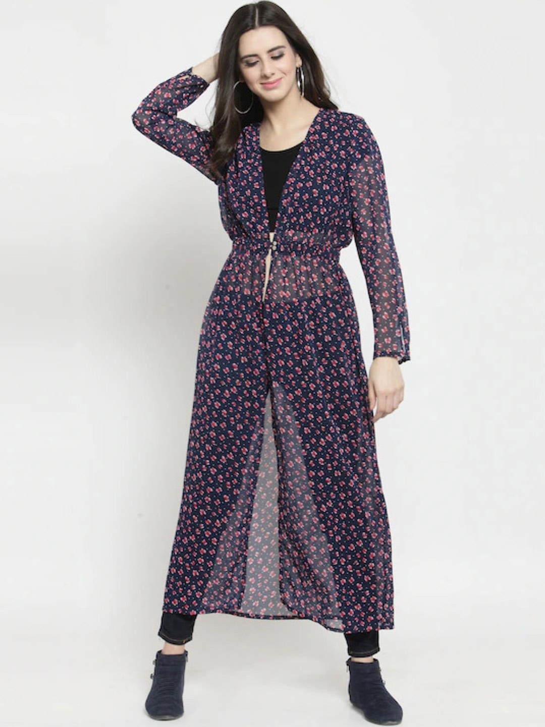 

Sera Women Navy Blue & Pink Printed Longline Tie-Up Shrug
