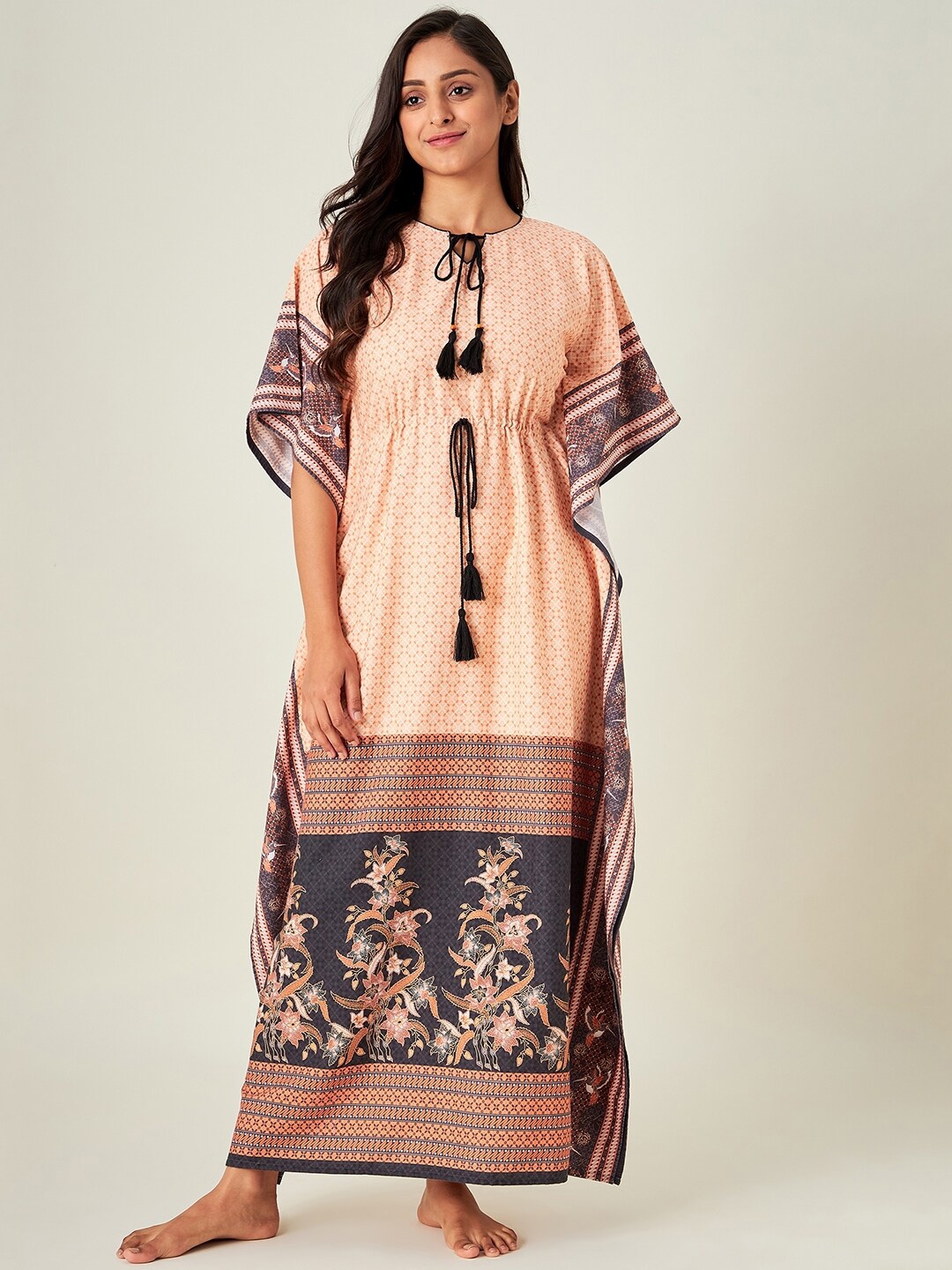 

The Kaftan Company Peach-Coloured Printed Maxi Nightdress