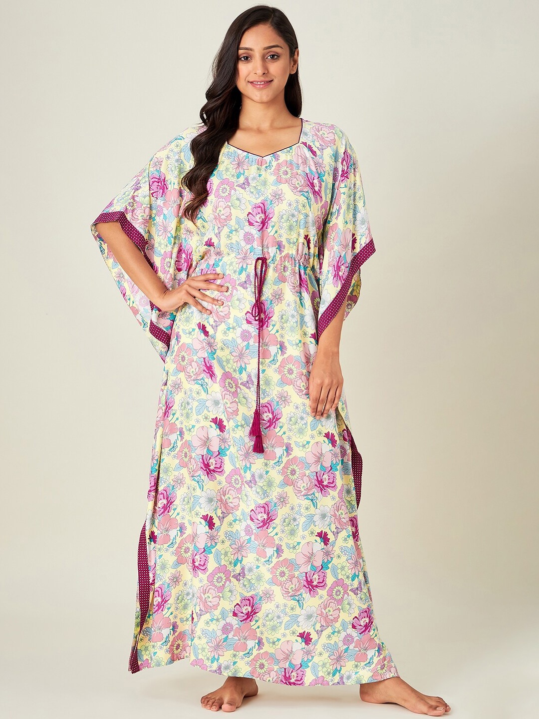 

The Kaftan Company Women Yellow Printed Maxi Nightdress