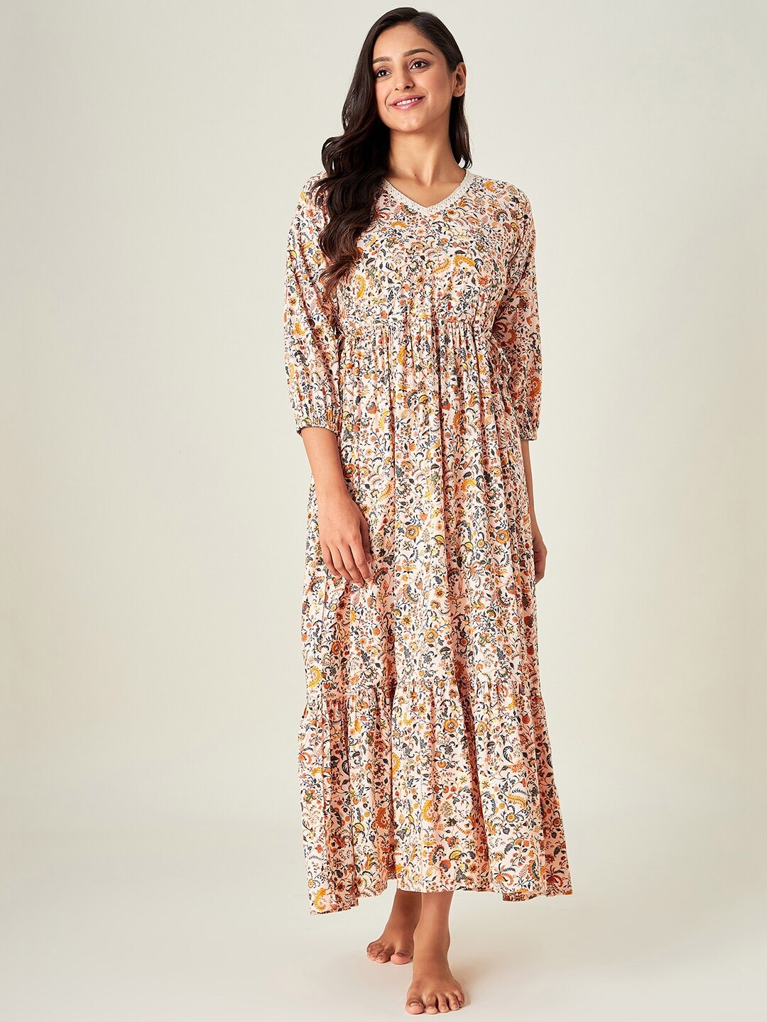 

The Kaftan Company womens Beige Printed Maxi Nightdress