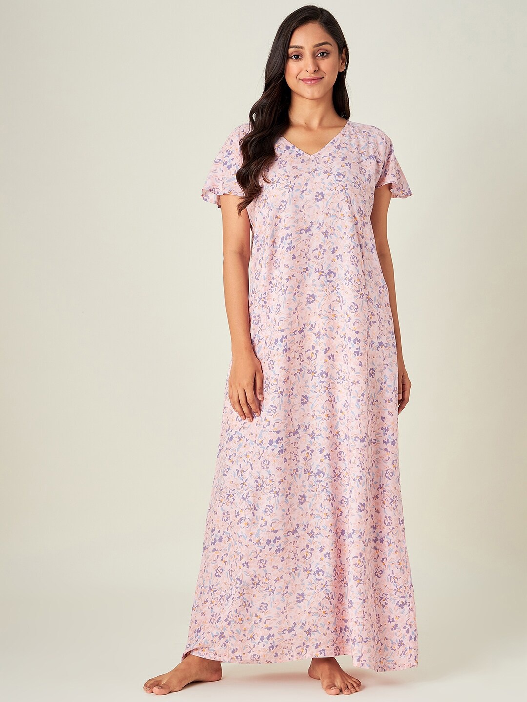 

The Kaftan Company Peach-Coloured Printed Maxi Nightdress