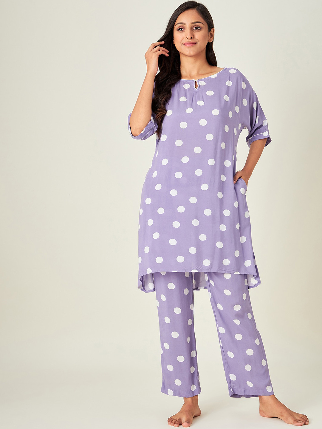 

The Kaftan Company Women Lavender & White Printed Night suit NS_MD_INDIE10-Purple