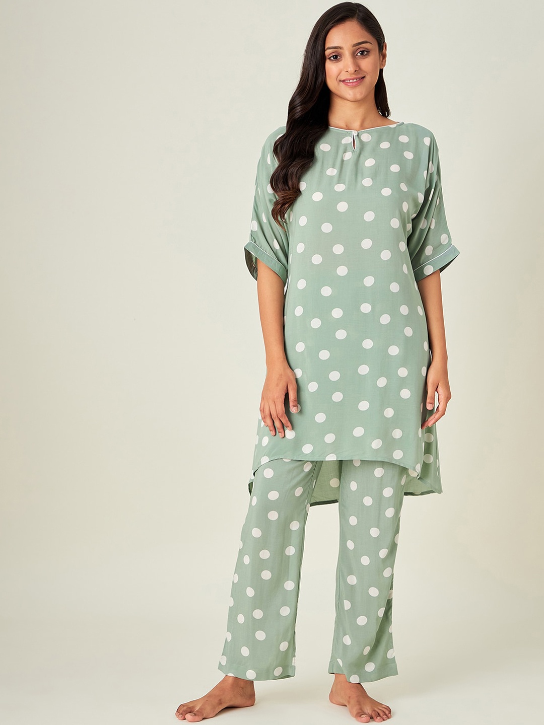 

The Kaftan Company Women Green & White Printed Night suit NS_MD_INDIE09-Green