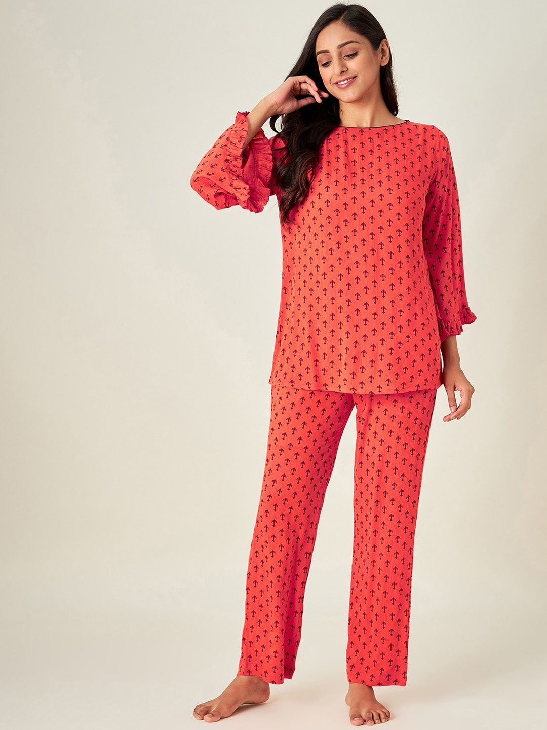 

The Kaftan Company Women Orange & Brown Printed Night suit NS_VS_INDIE07-Orange
