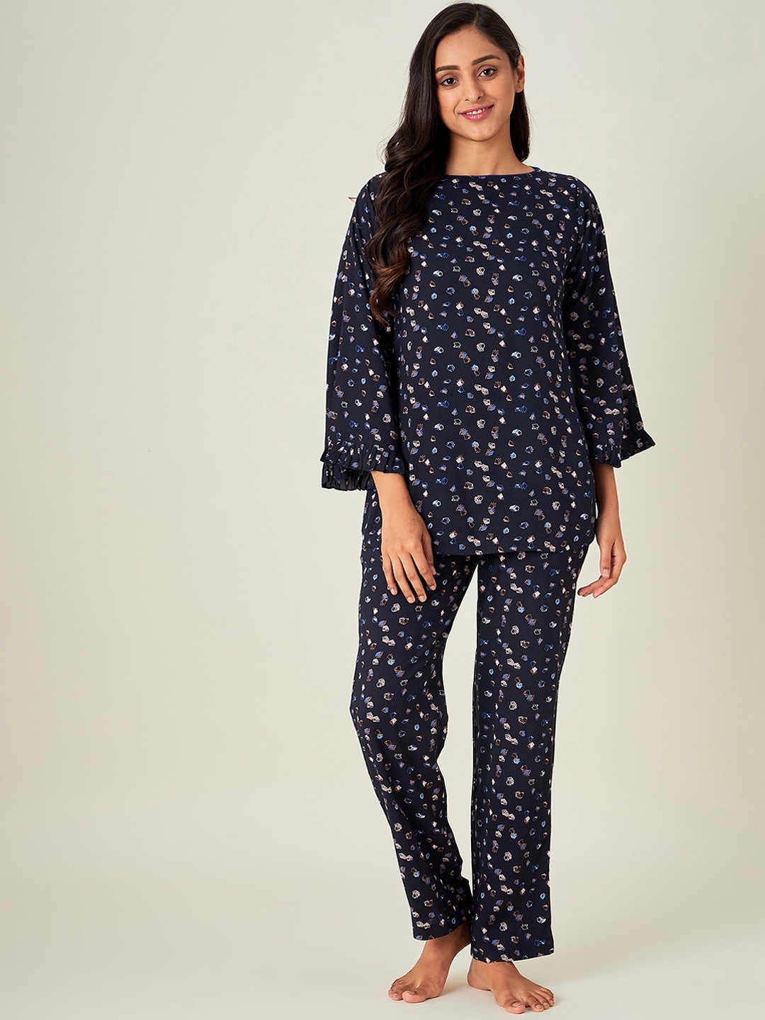 

The Kaftan Company Women Navy Blue Printed Night suit
