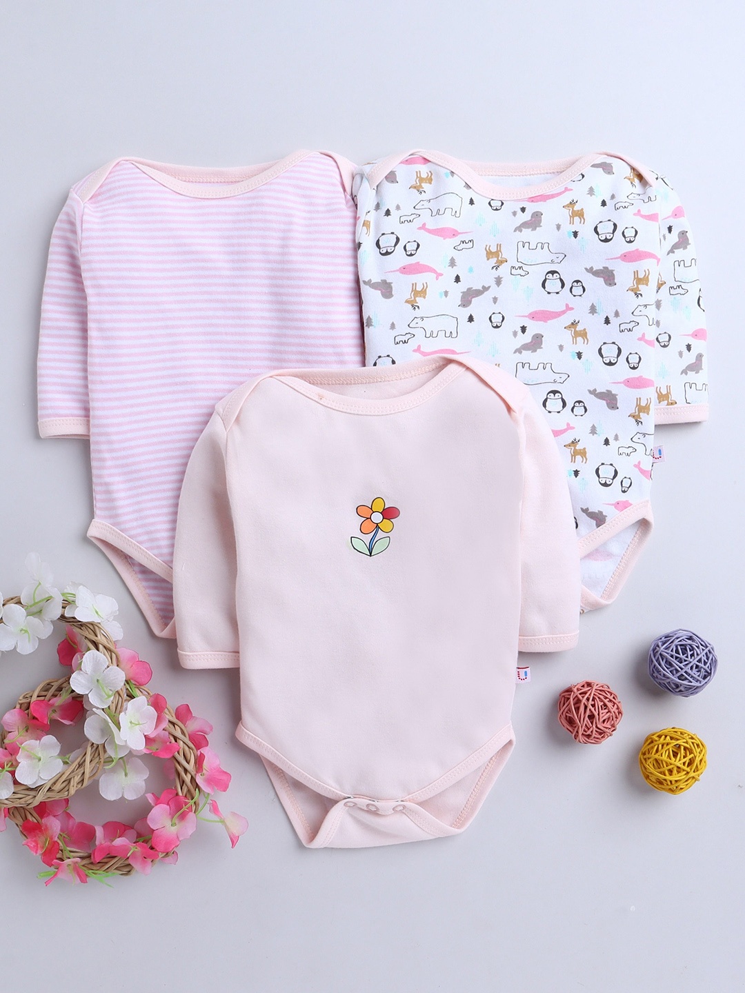 

BUMZEE Infant Girl Pack Of 3 Pure Cotton Bodysuits, Pink