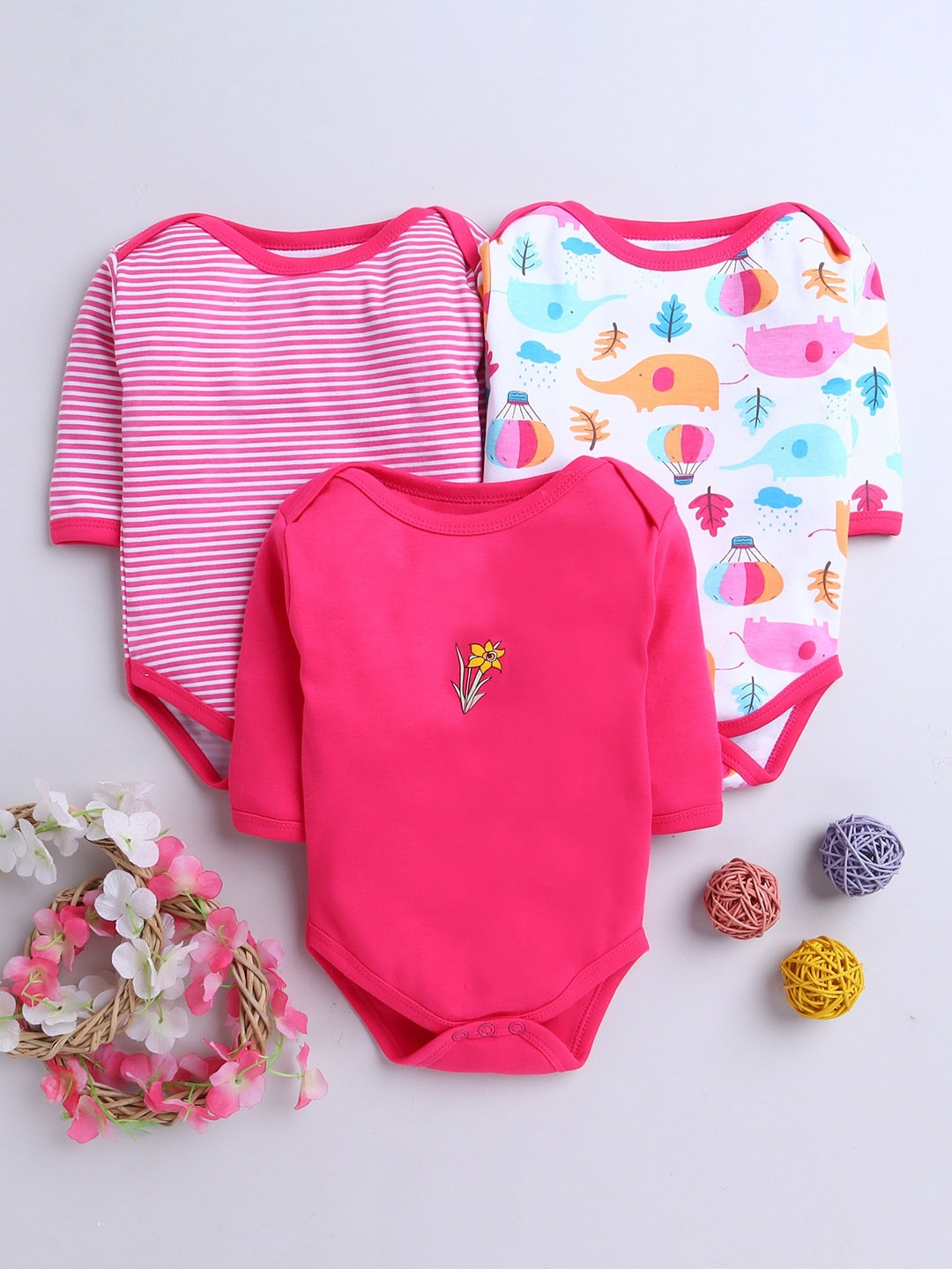 

BUMZEE Infants Pack Of 3 Printed Cotton Bodysuit, Pink