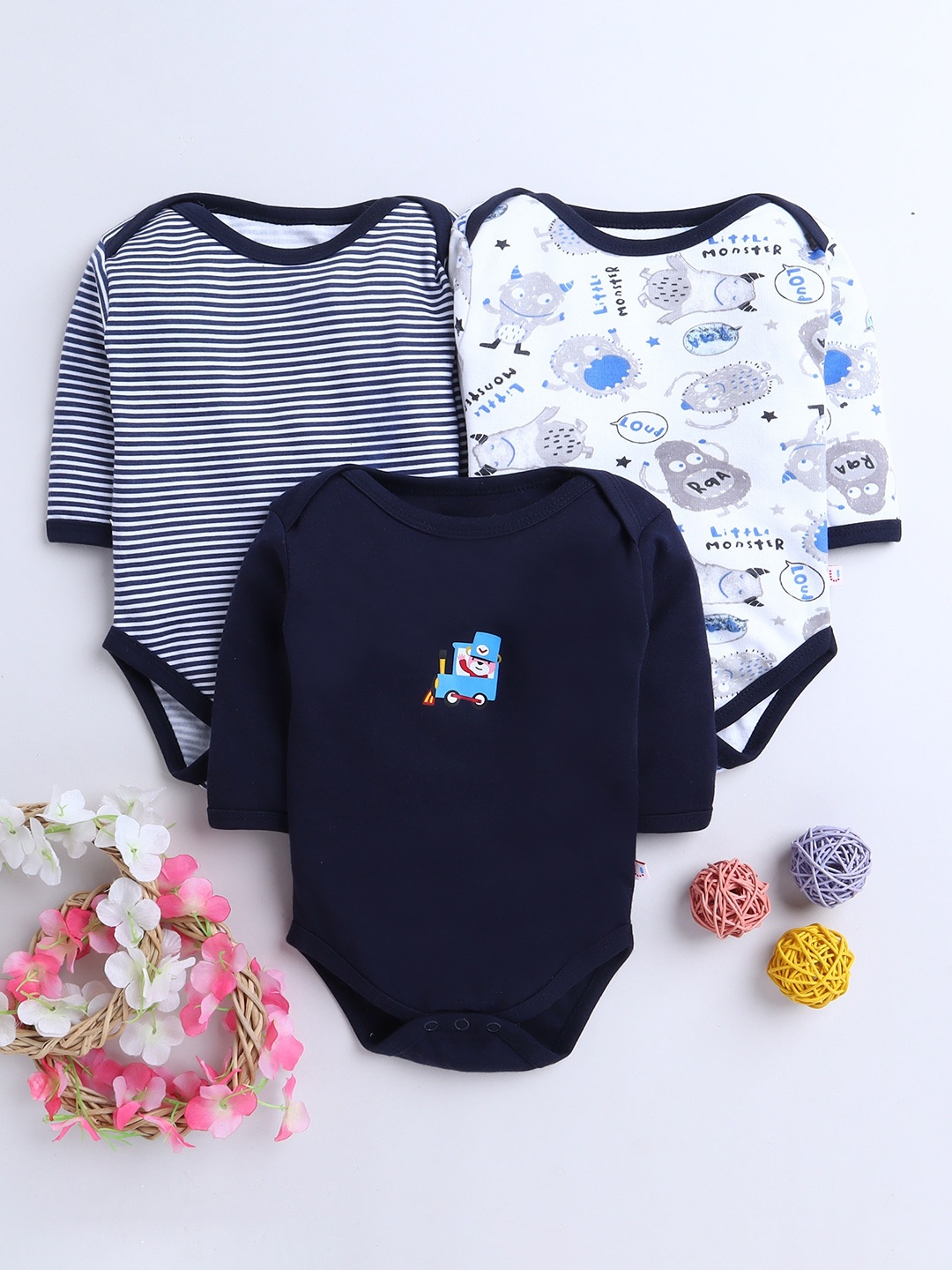 

BUMZEE Boys Pack Of 3 Navy & White Printed Cotton Bodysuit, Navy blue