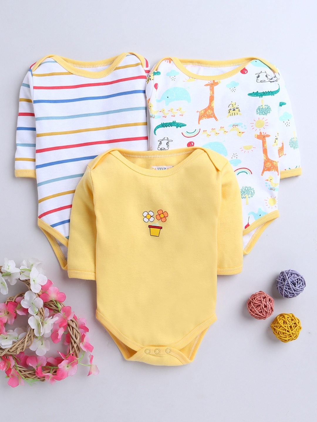 

BUMZEE Infant Boys Pack Of 3 Printed Cotton Bodysuit, Yellow