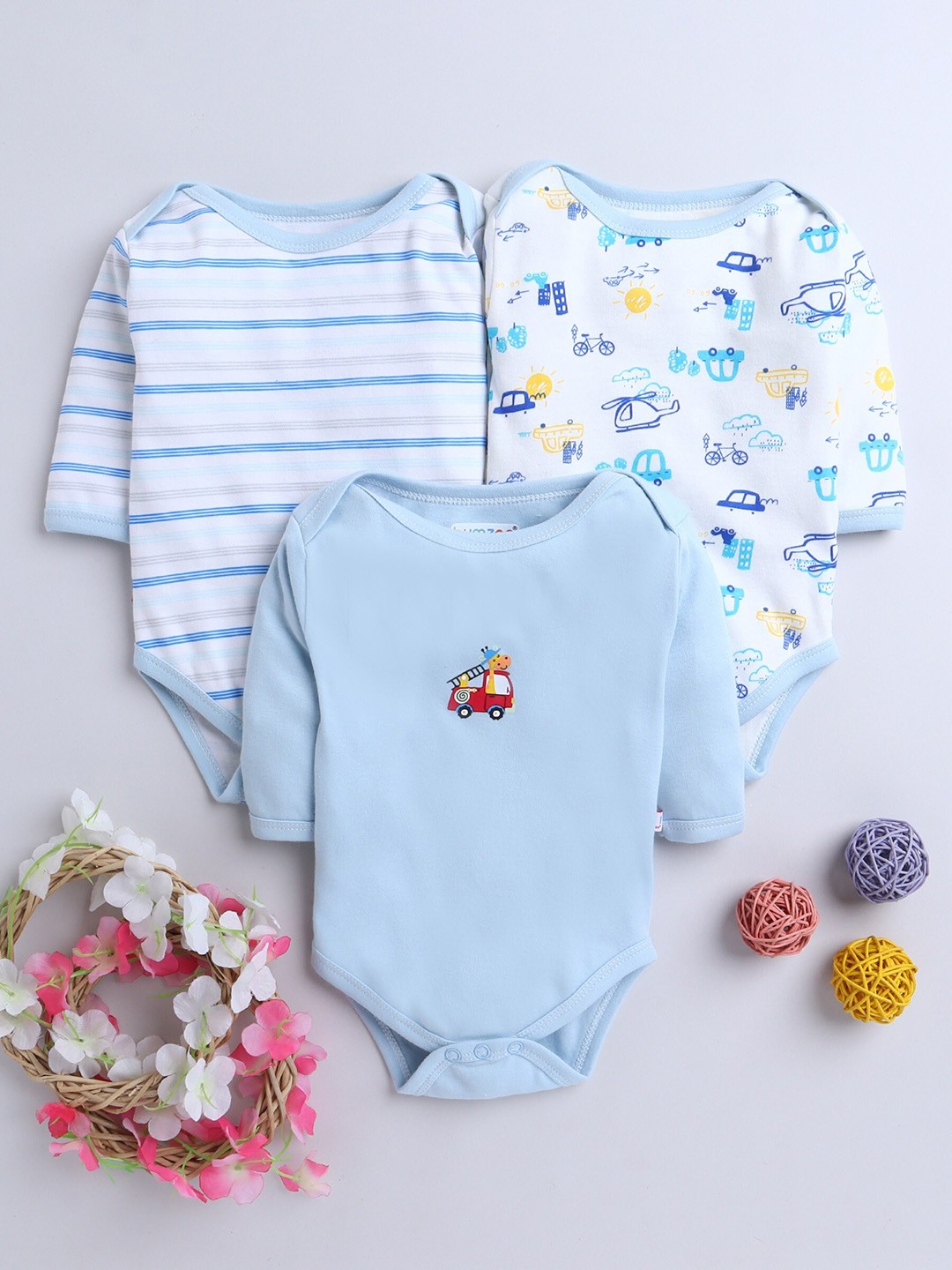 

BUMZEE Infant Boys Pack Of 3 Blue & White Printed Pure Cotton Bodysuits