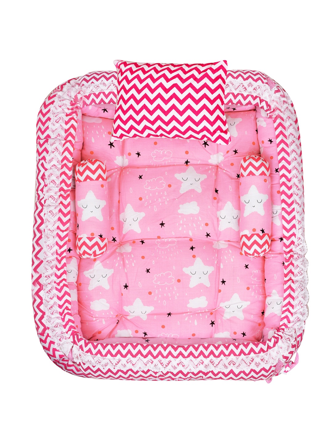 

LOREM Kids Pink & White Printed Cotton Square Bed & 3 Pillow Sets