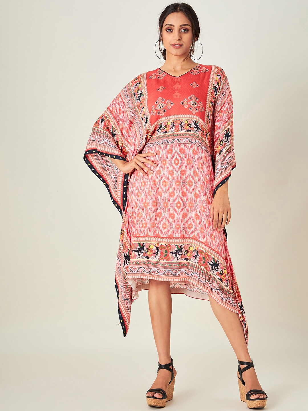 

The Kaftan Company Women Red & White Ikat Printed Kaftan Cover-Up Dress