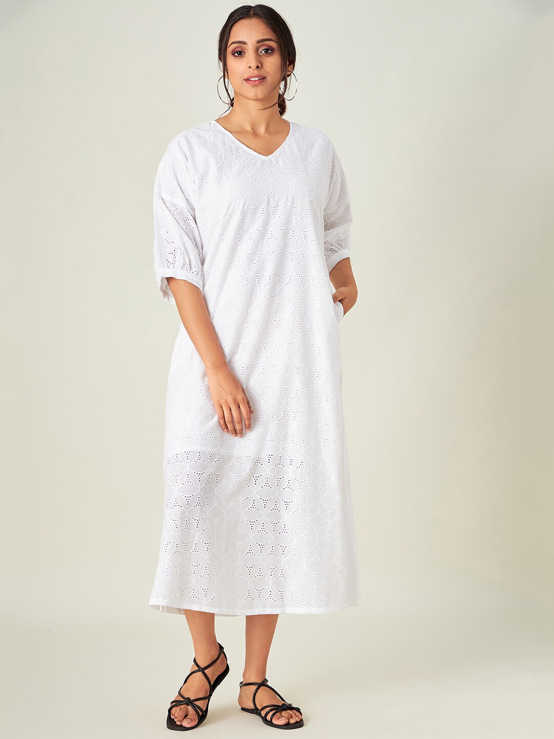 

The Kaftan Company Women White Embroidered Cotton Resort Dress