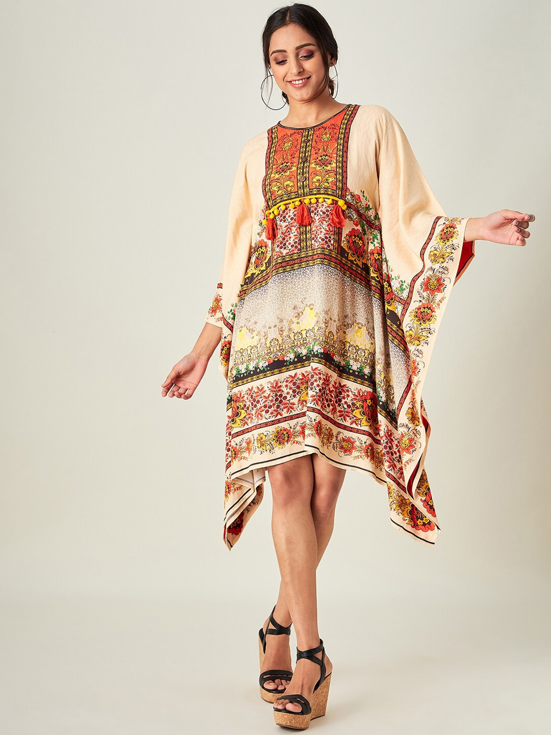 

The Kaftan Company Women Beige Florets Resort Cover-Up Swimwear
