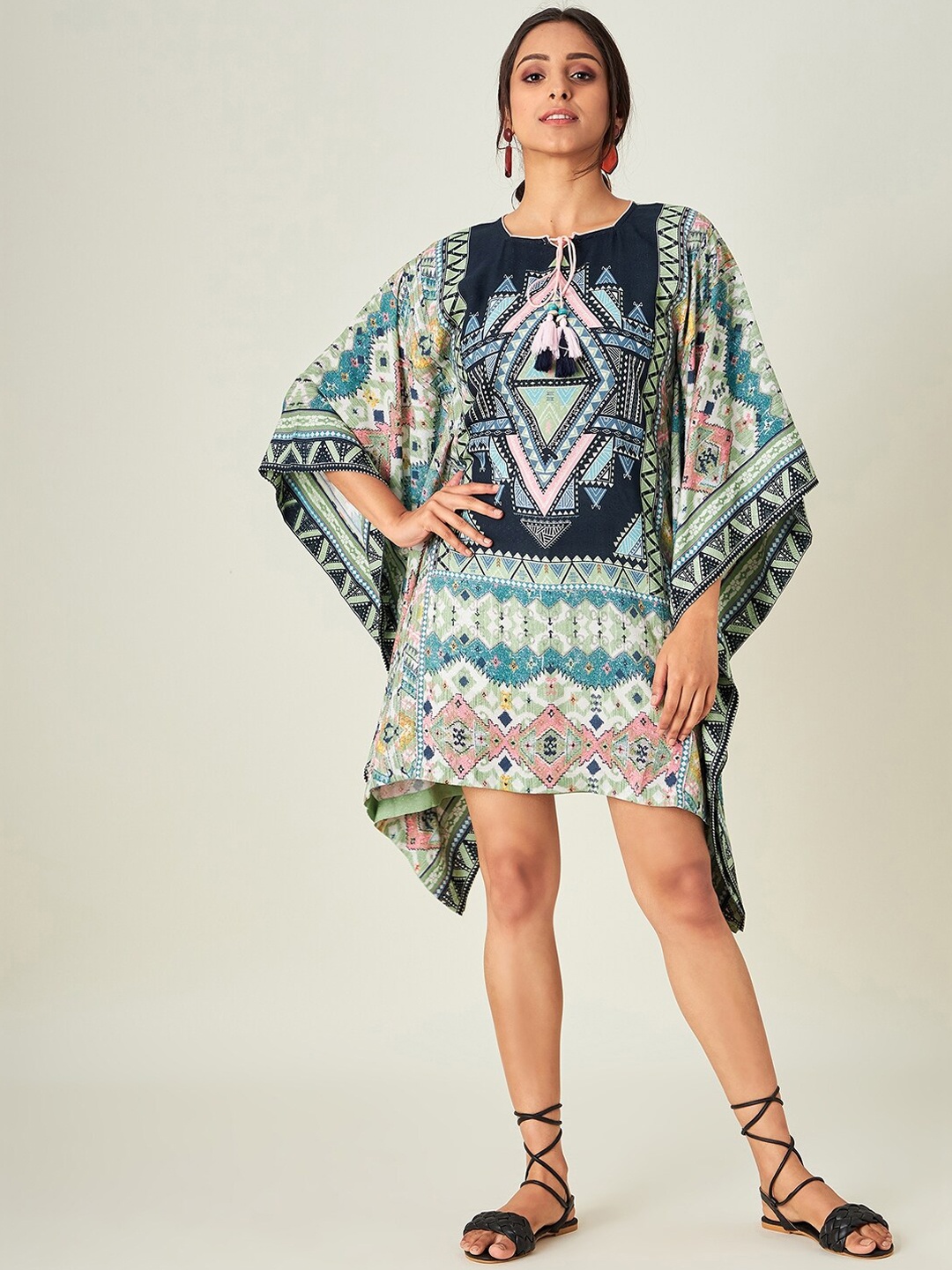 

The Kaftan Company Women White & Black Boho Printed Swim Cover Up Dress