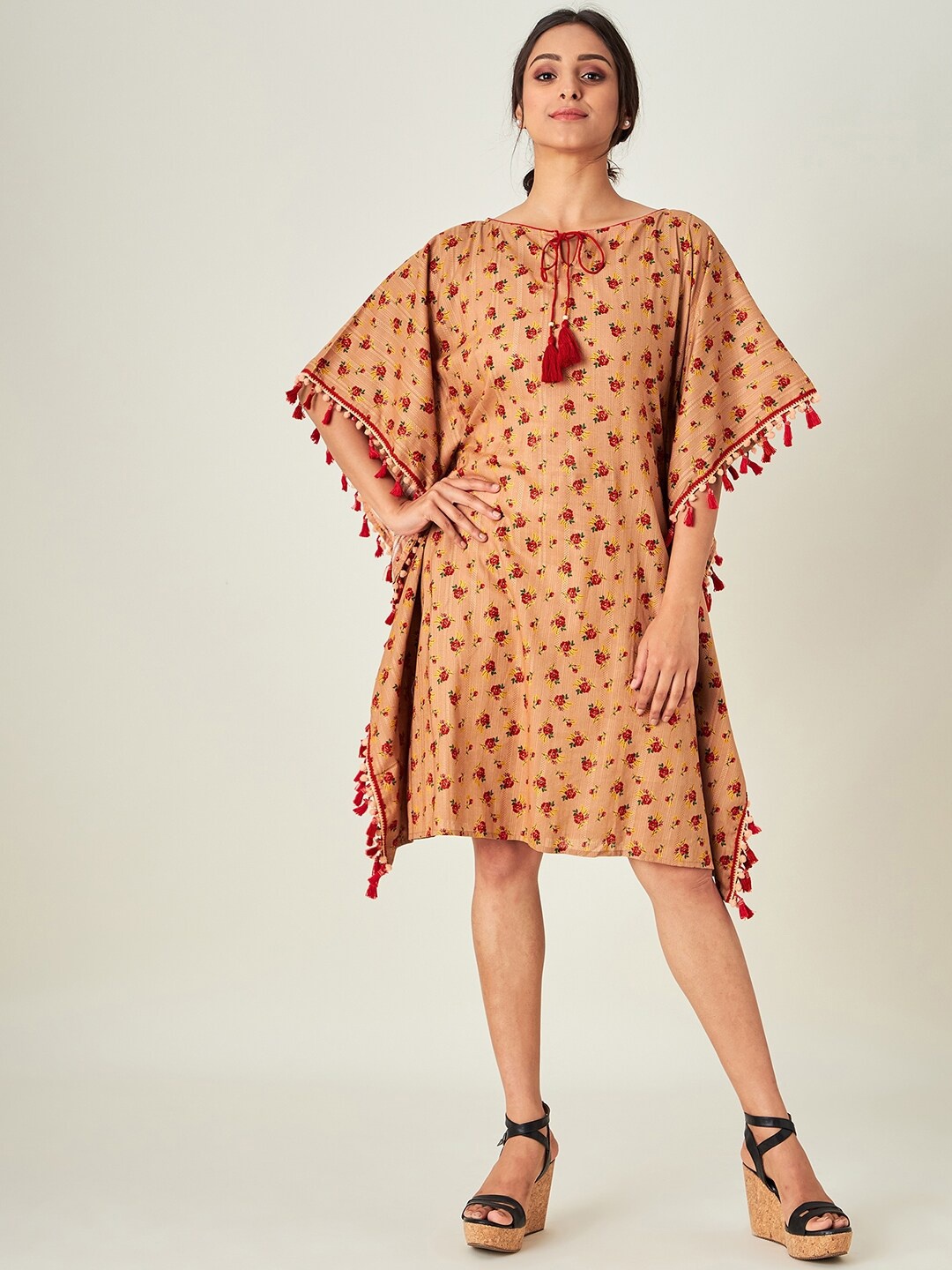 

The Kaftan Company Brown Floral Tie-Up Neck Kaftan Midi Dress