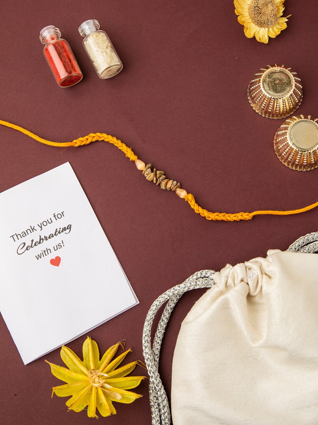 

DEEBACO Yellow Unakite Stone Studded Rakhi with Roli Chawal