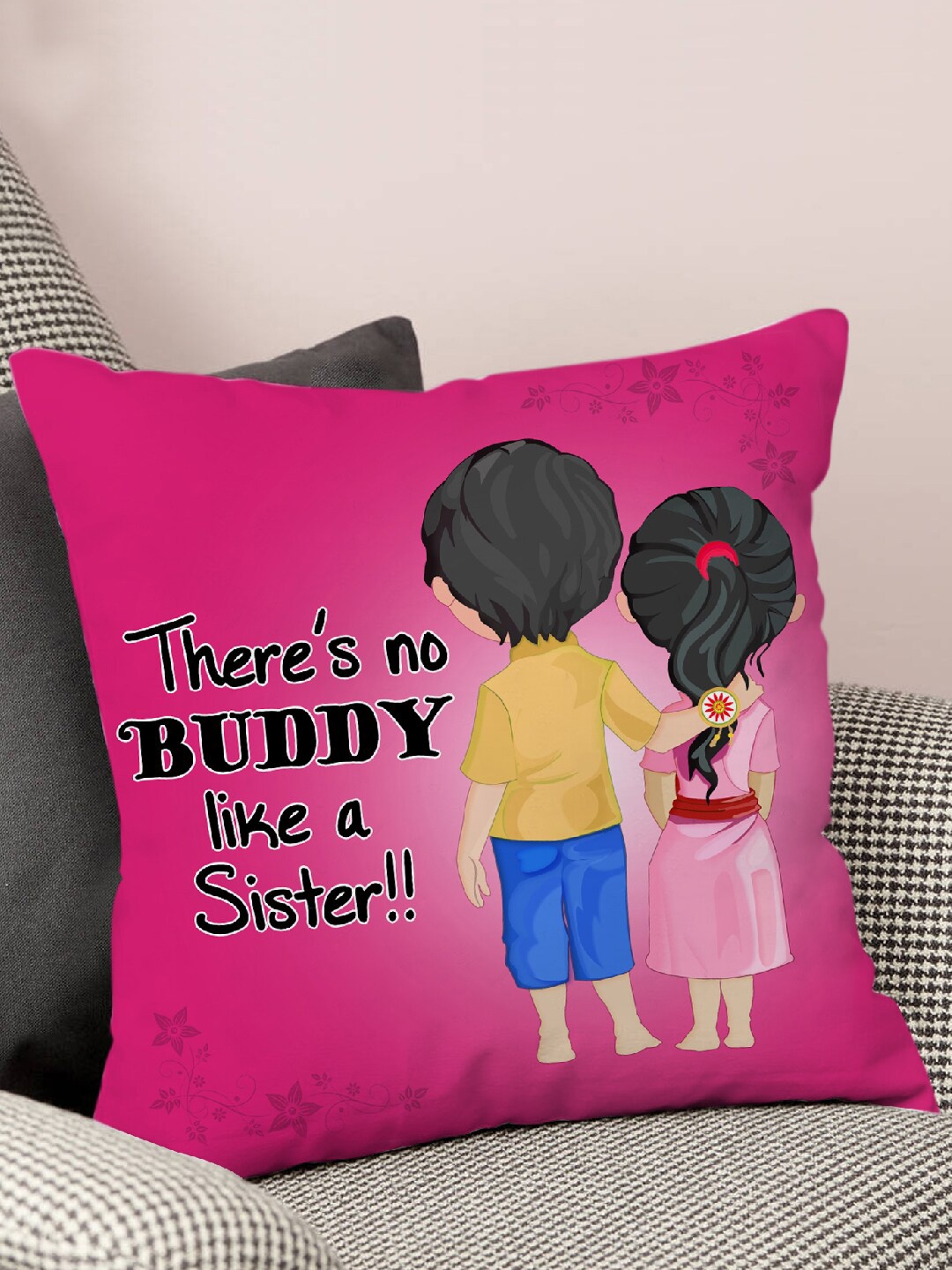 

TIED RIBBONS Pink & Black Printed Cushion Cover with Filler Rakhi Gift