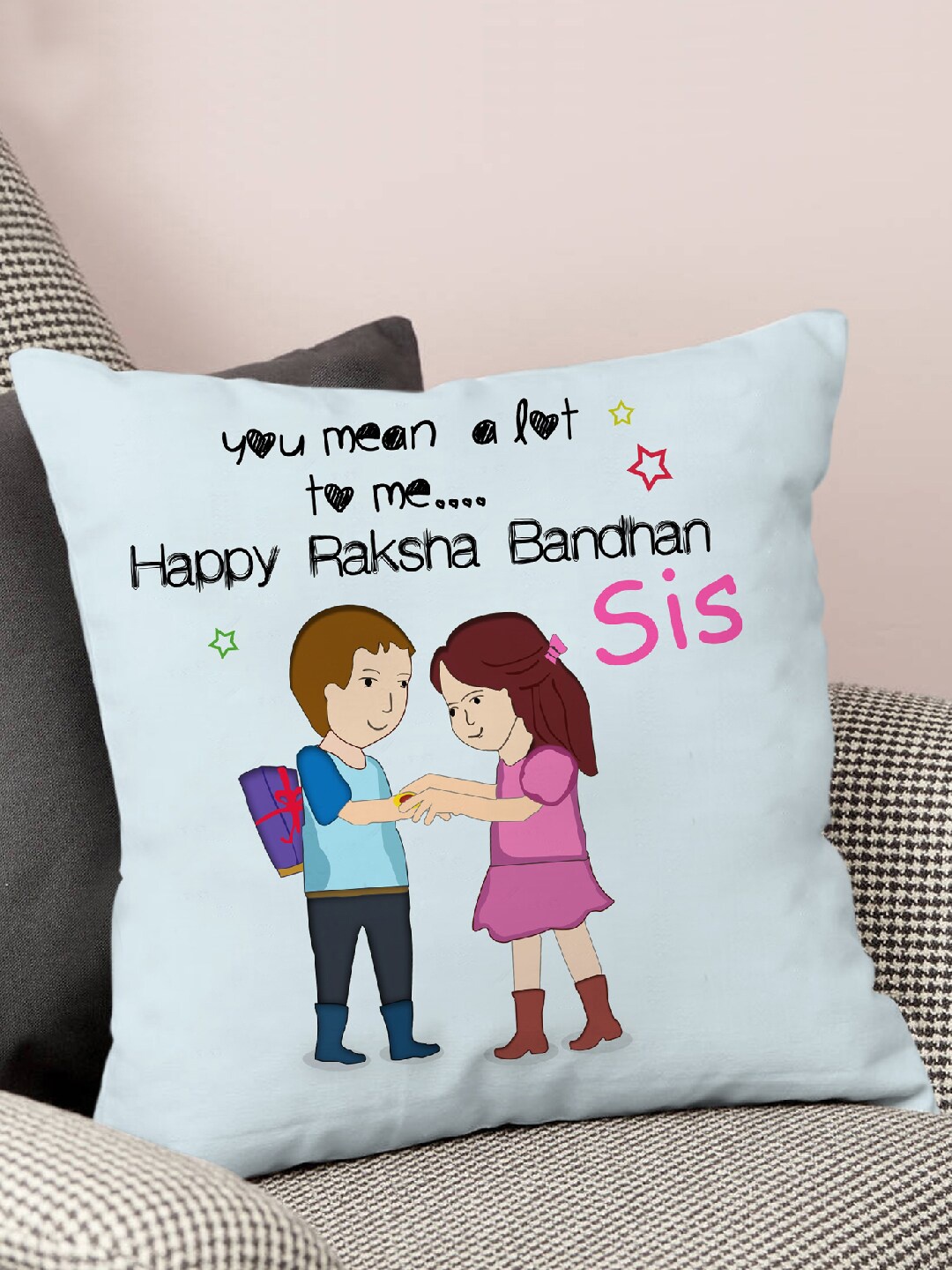 

TIED RIBBONS Printed Cushion Cover with Filler Rakhi Gift, Blue