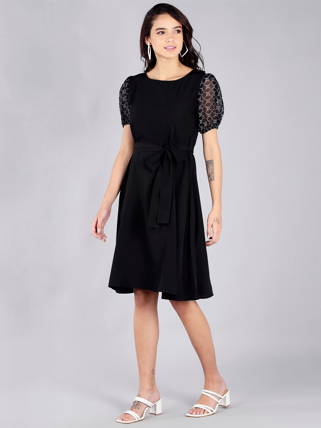 

Fashfun Women Black Solid Puff Sleeve Crepe Dress