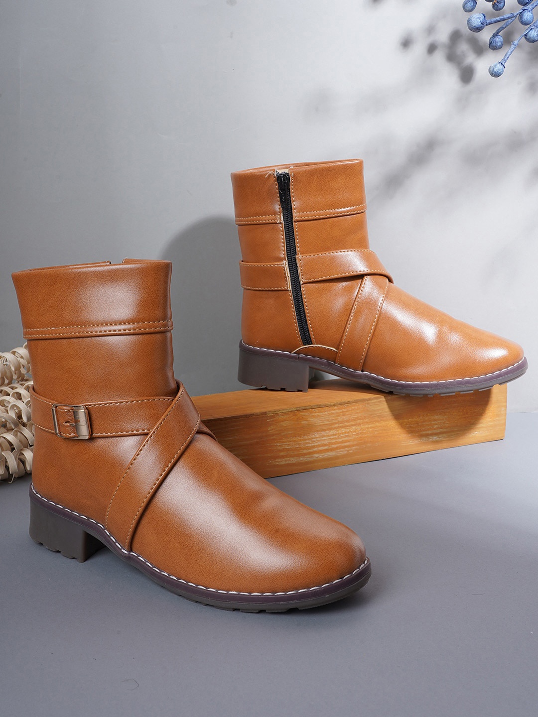 

EVERLY Women Tan Brown Block Heeled Boots With Buckle