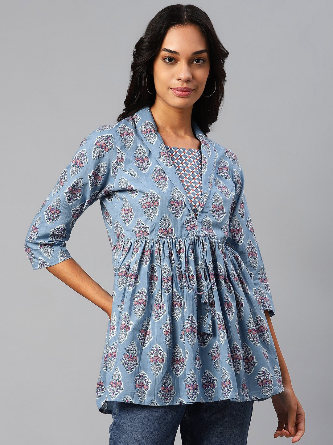 

FERANOID Blue & Pink Print Cinched Waist Cotton Longline Top