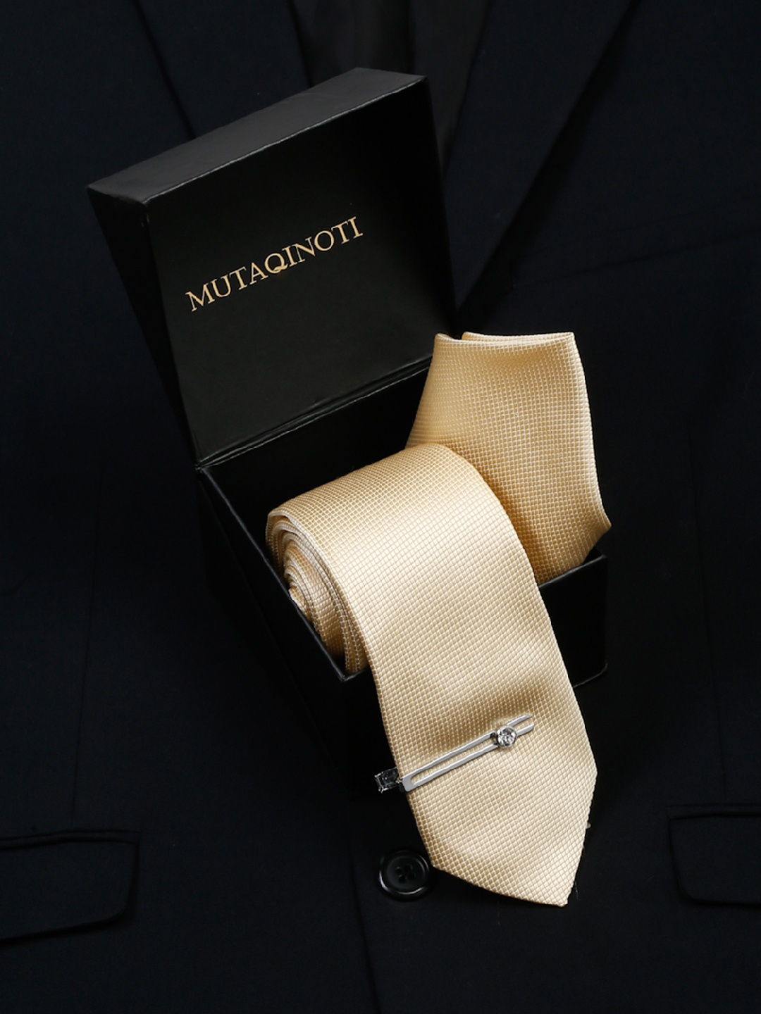 

MUTAQINOTI Men Silk Necktie Accessory Gift Set, Cream