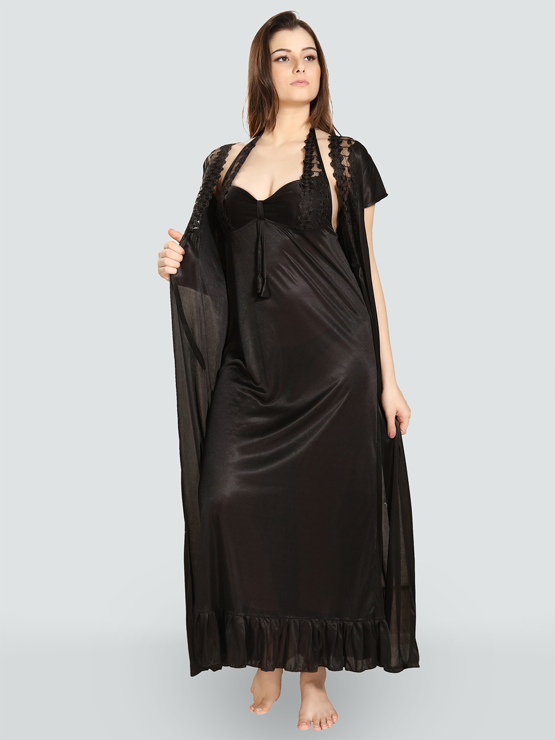 

Romaisa Women Black Maxi Nightdress With Robe