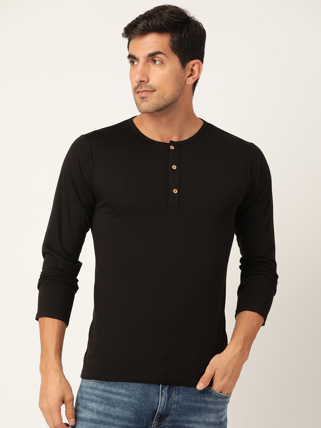 

FERANOID Men Black Henley Neck Bio Finish T-shirt