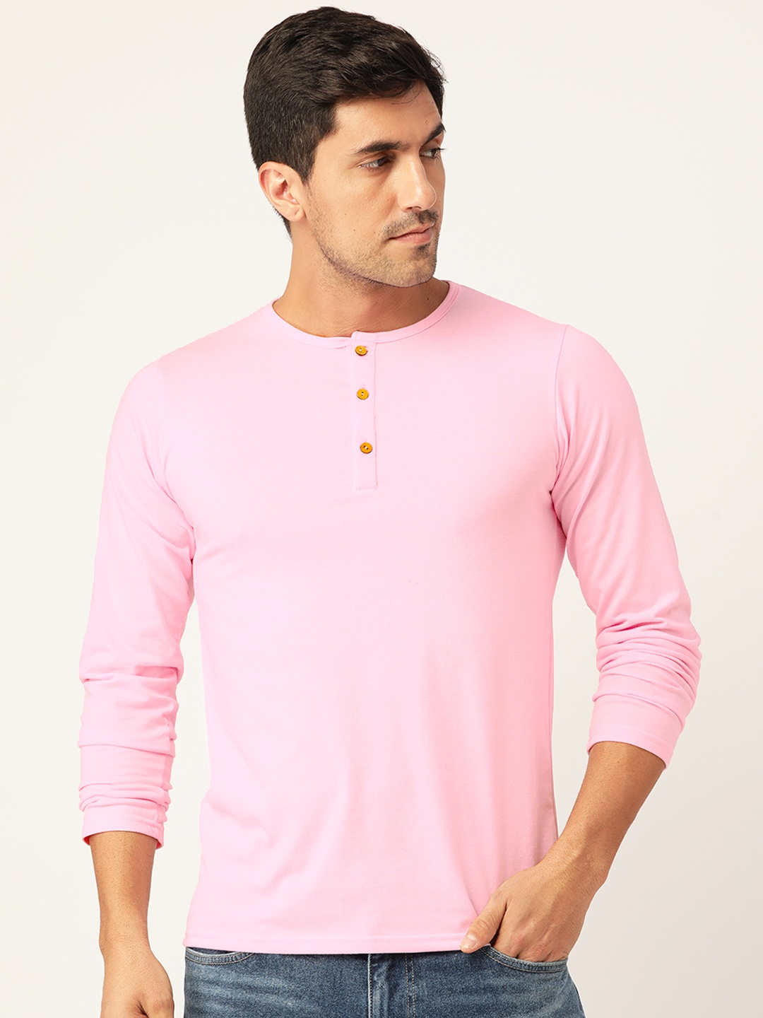 

FERANOID Men Pink Henley Neck Bio Finish T-shirt