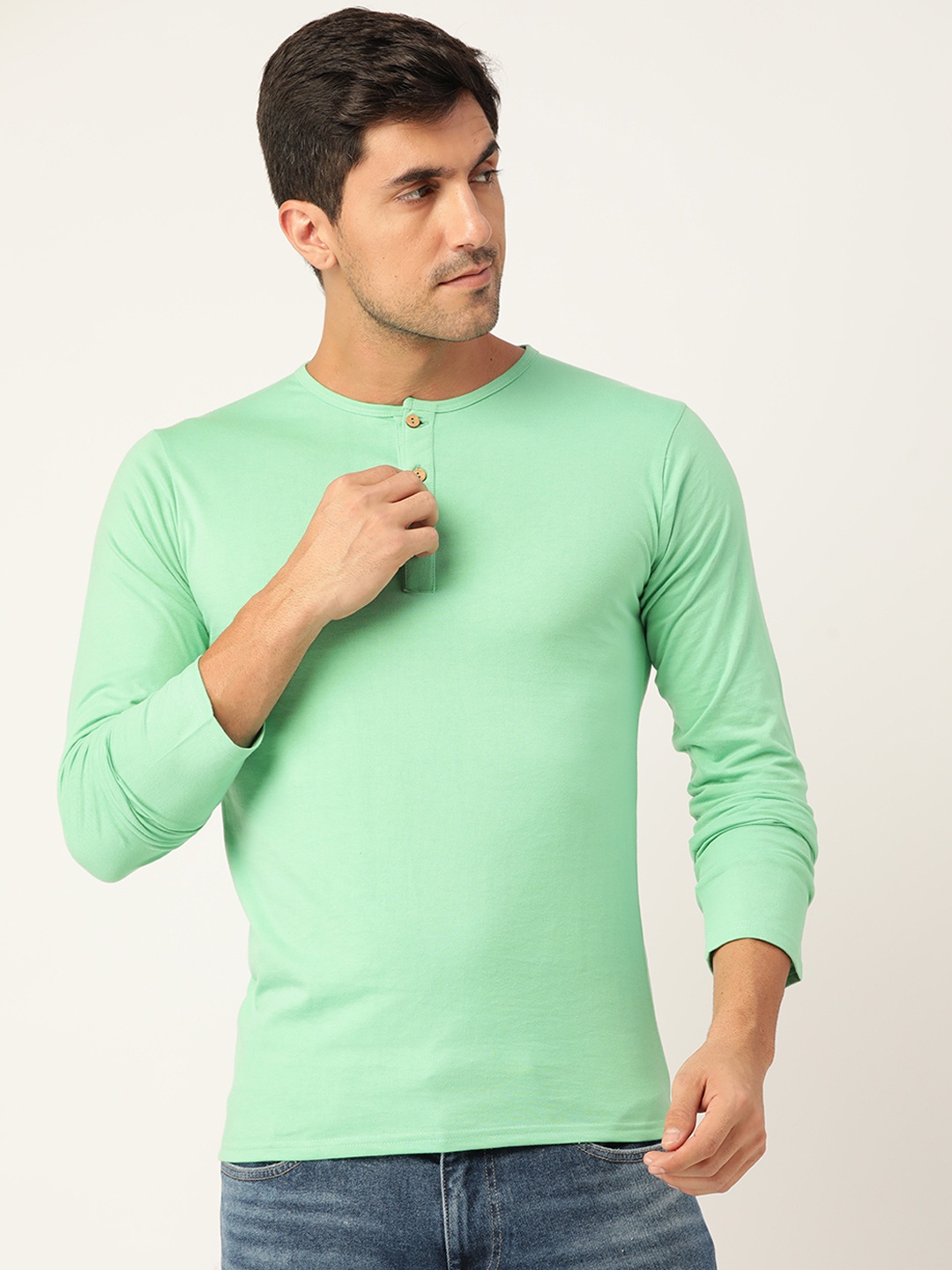 

FERANOID Men Sea Green Henley Neck Bio Finish T-shirt