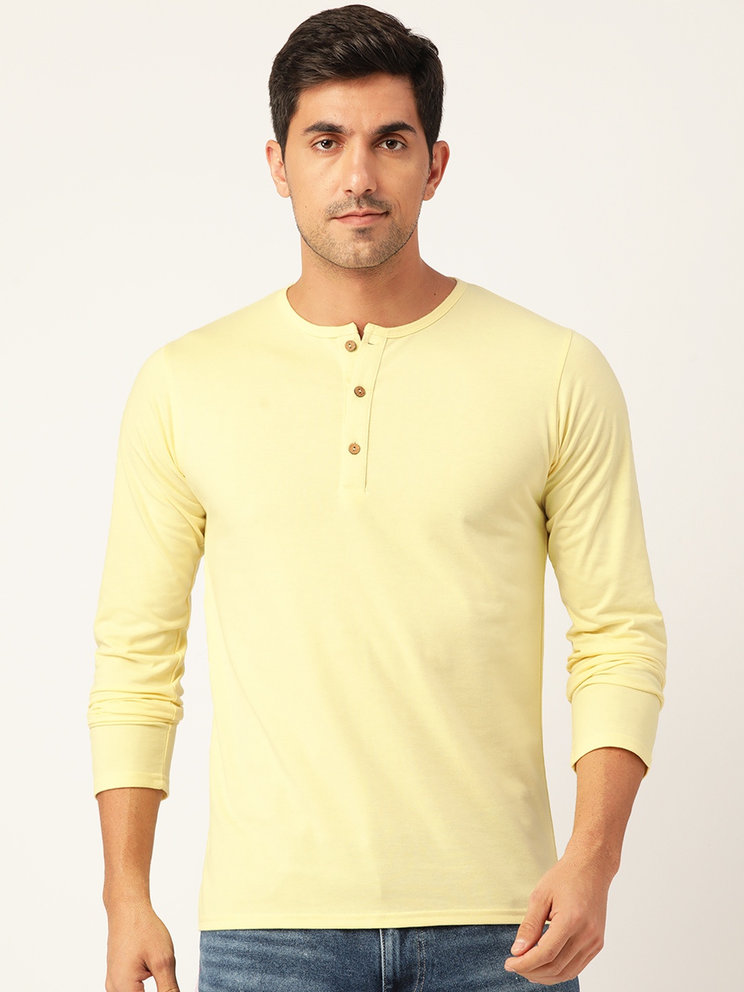 

FERANOID Men Yellow Henley Neck Bio Finish T-shirt