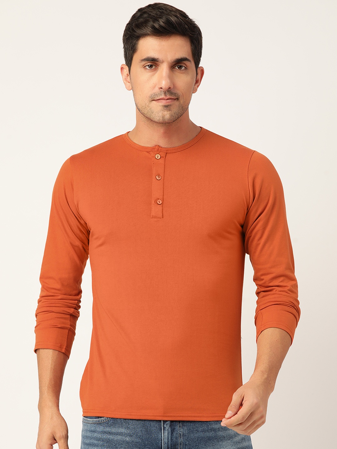 

FERANOID Men Rust Henley Neck Bio Finish T-shirt