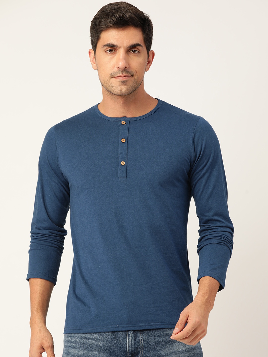 

FERANOID Men Navy Blue Henley Neck Indigo Bio Finish T-shirt