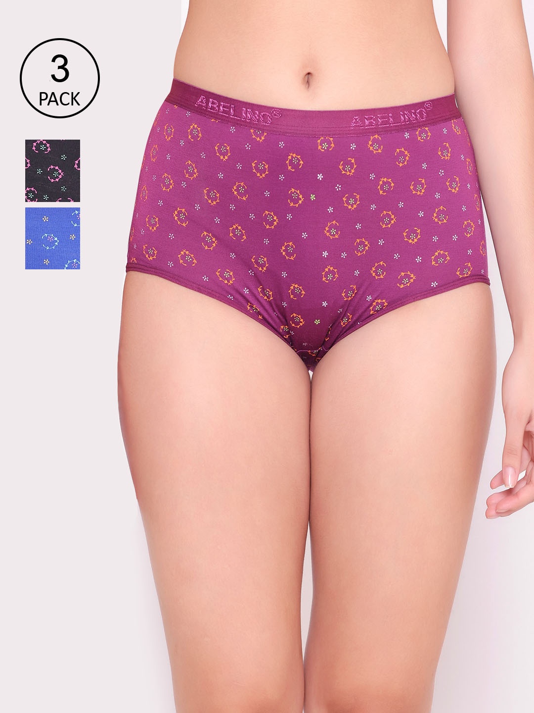 

ABELINO Women Pack of 3 Floral Print Pure Cotton High-Rise Boyshorts, Black