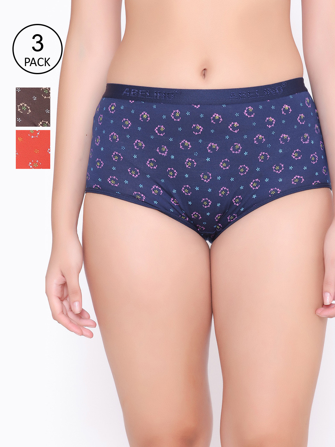 

ABELINO Women Pack of 3 Printed Cotton High-Rise Boyshorts Briefs, Navy blue