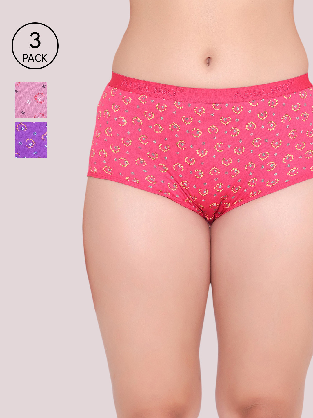 

ABELINO Women Pack Of 3 Printed Pure Cotton Boy Shorts Briefs, Purple