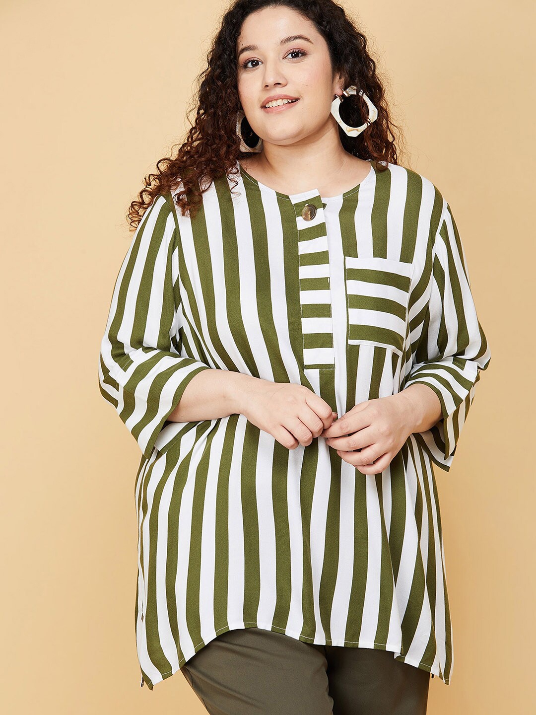 

max Olive Plus Size Women Green & White Viscose Rayon Striped Tunic