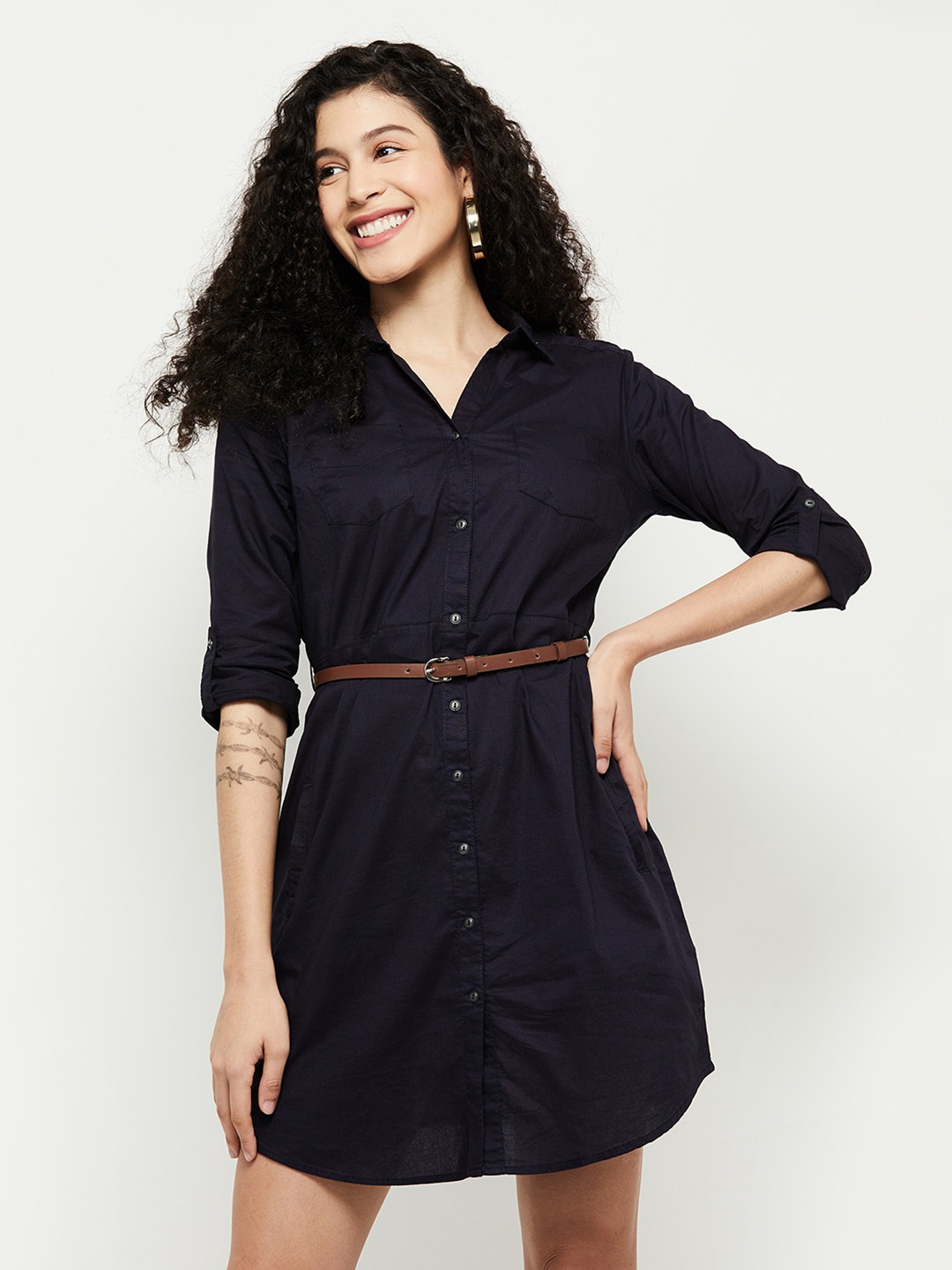 

max Navy Blue Solid Pure Cotton Shirt Mini Dress