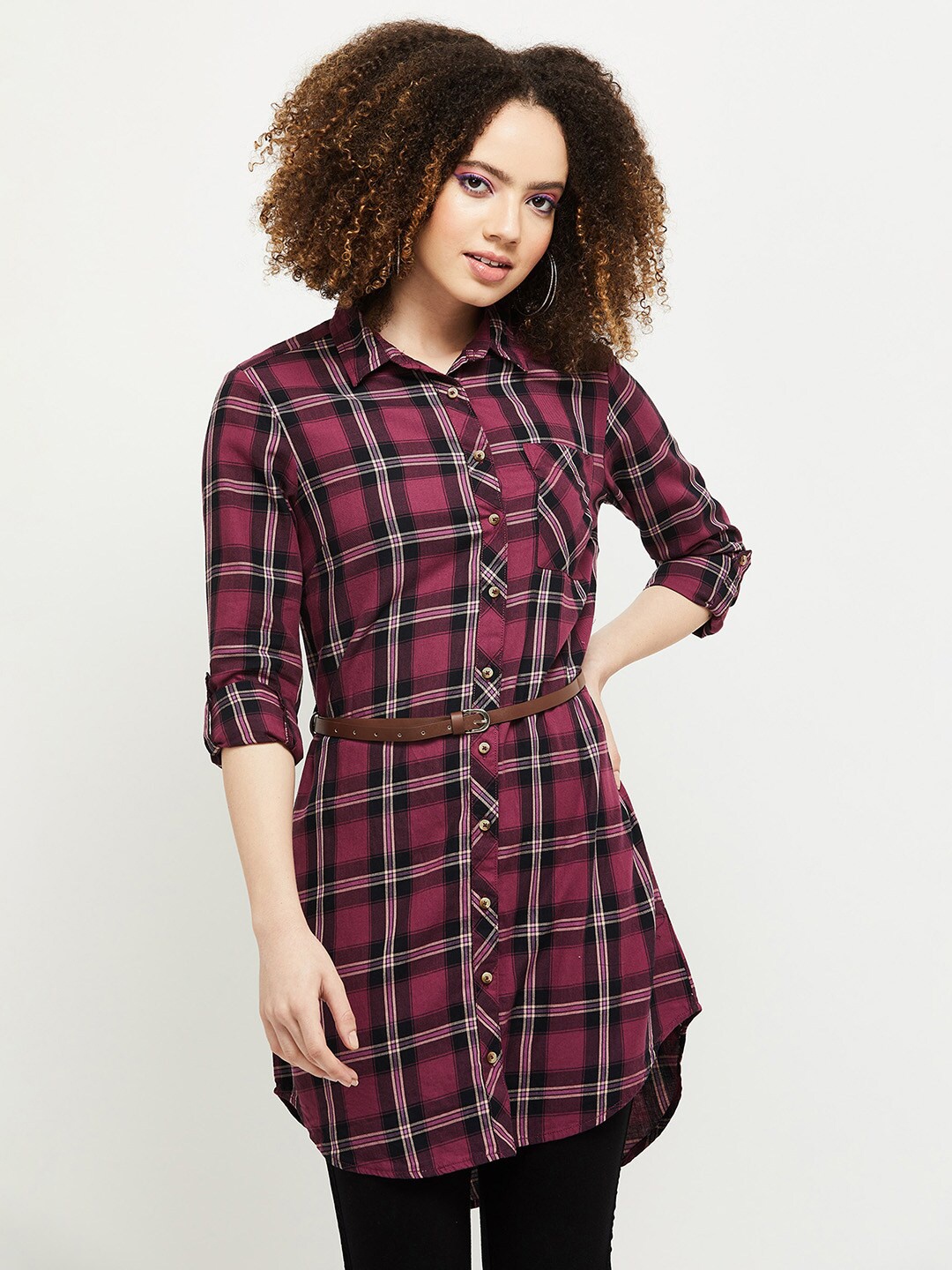 

max Purple & Black Shirt Collar Checked Tunic