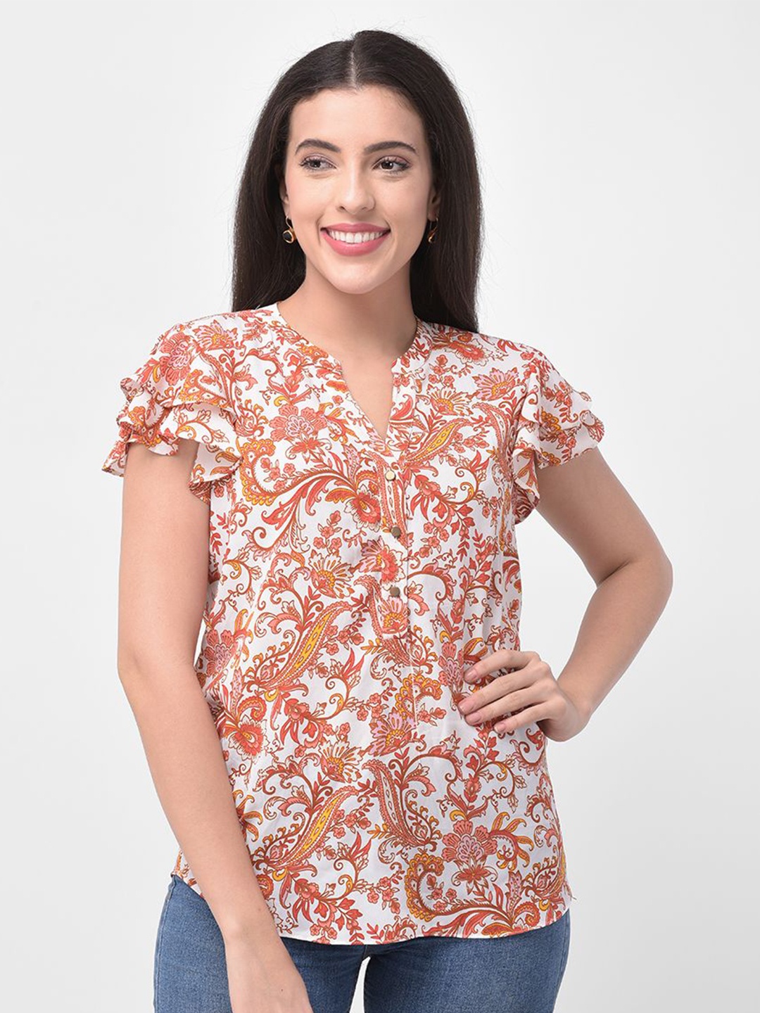 

250 DESIGNS Multicoloured Floral Print Mandarin Collar Georgette Top, Multi