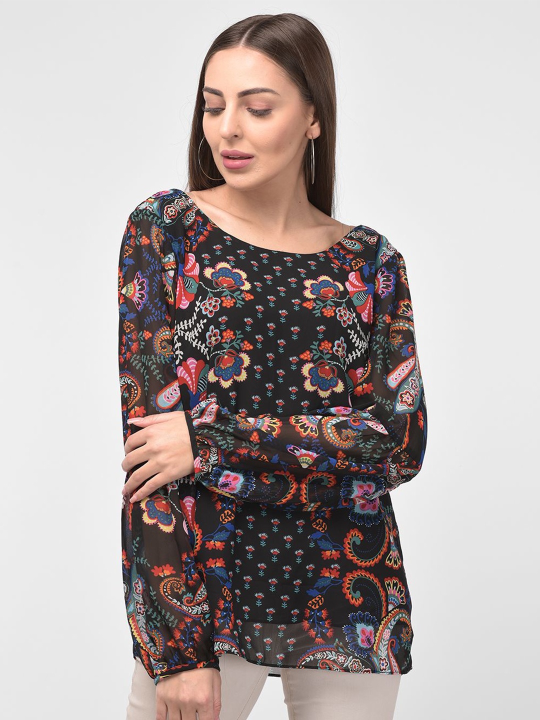 

250 DESIGNS Black & Red Floral Printed Georgette Top