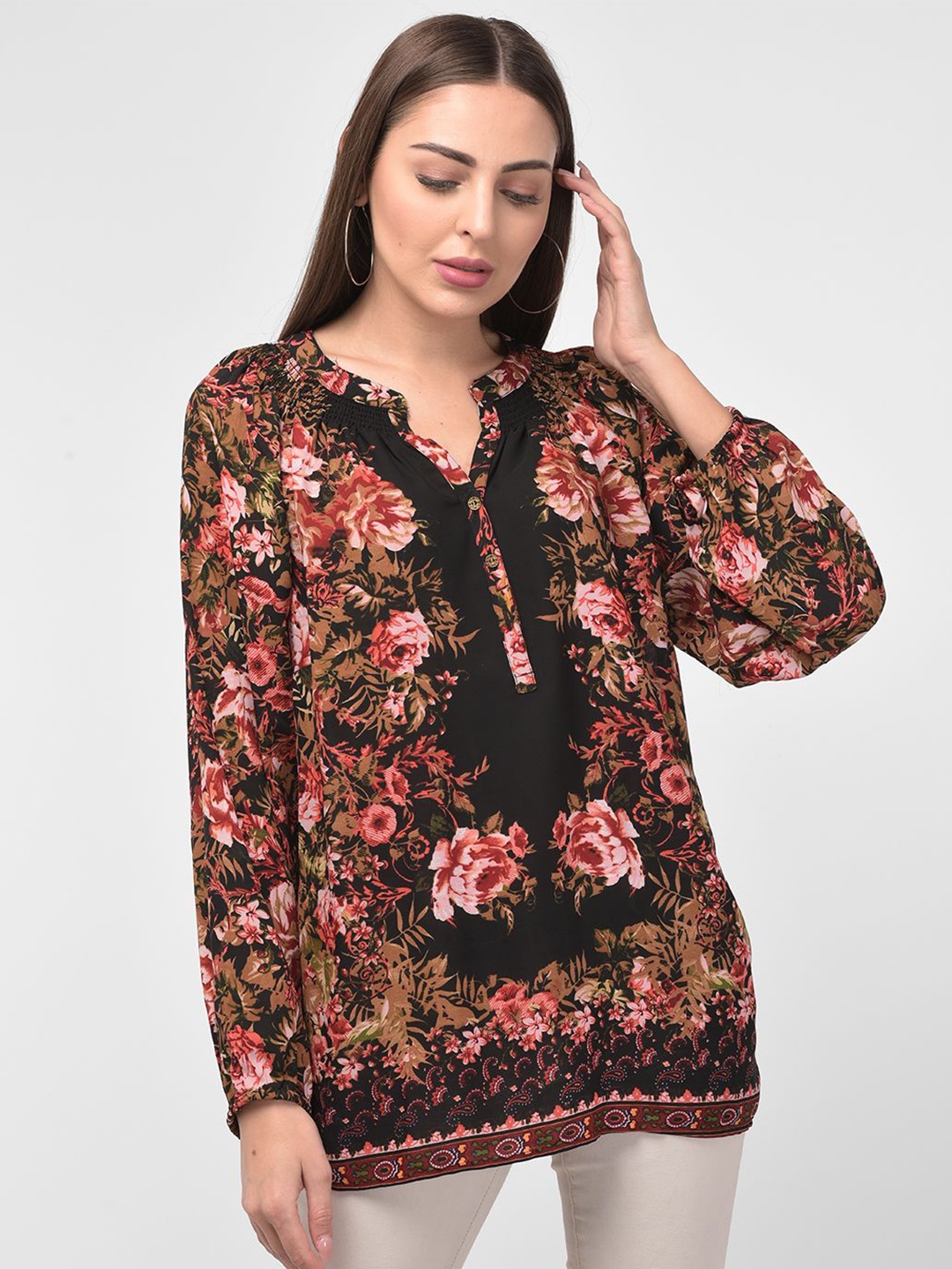 

250 DESIGNS Black & Pink Floral Print Mandarin Collar Georgette Top