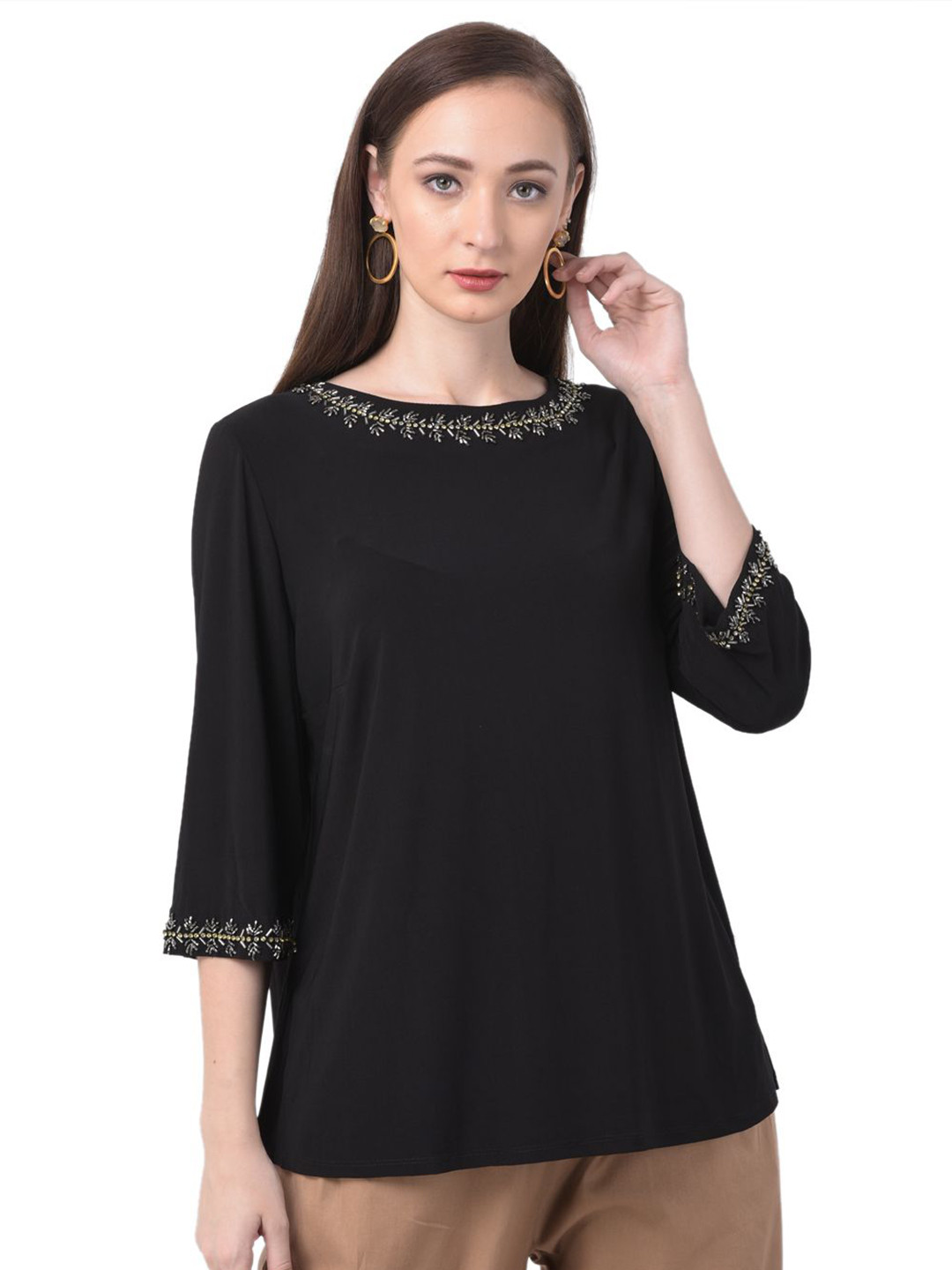 

250 DESIGNS Women Black Solid Regular Top