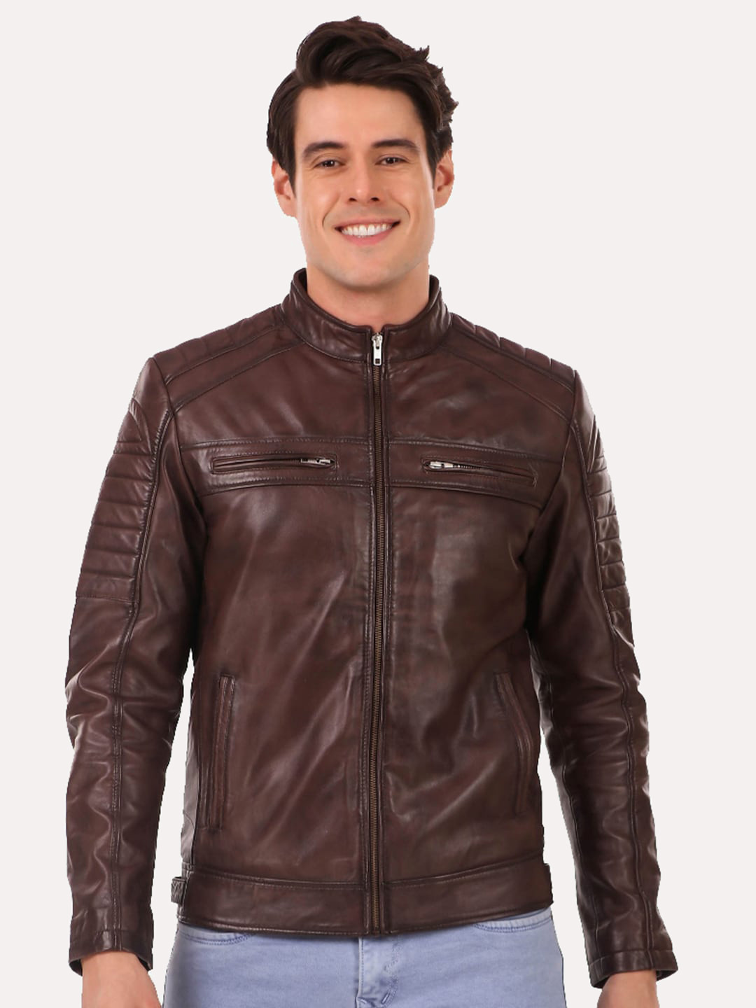 

Leather Retail Men Coffee Brown Leather Outdoor Biker Jacket