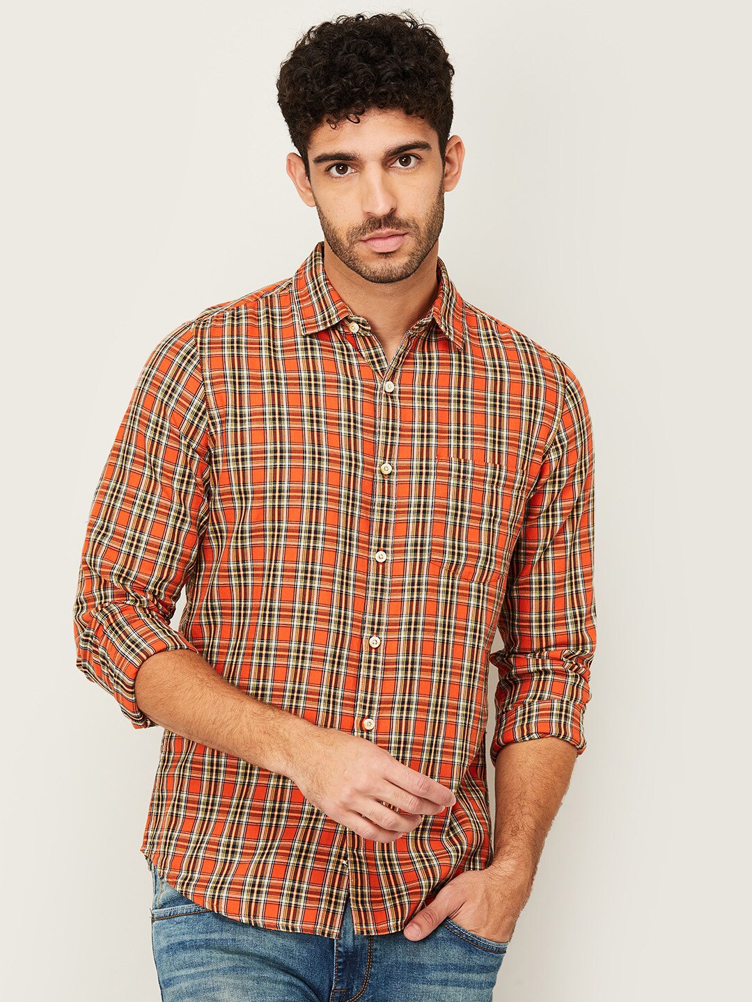 

Forca by Lifestyle Men Brown & Orange Checked Casual Shirt