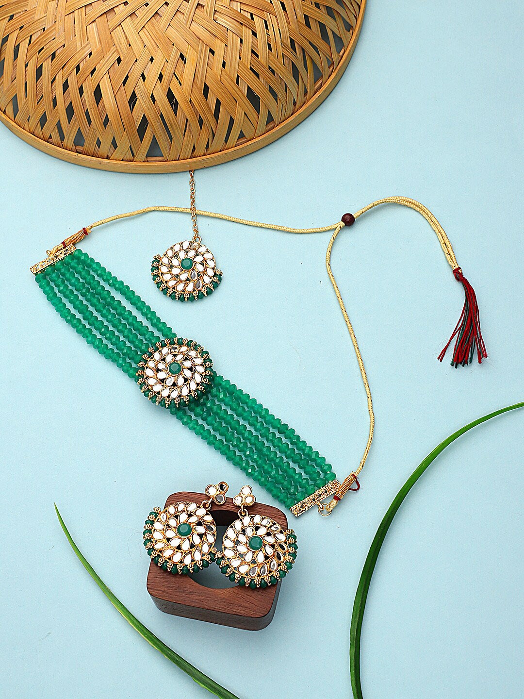 

CARDINAL Gold-Plated Green Onyx Stone-Studded & Beaded Jewellery Set