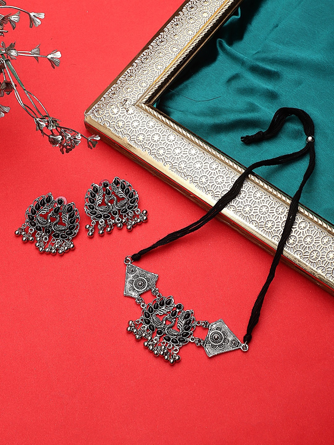 

CARDINAL Silver-Toned & Black Stone Studded Oxidized Peacock Design Jewellery Set